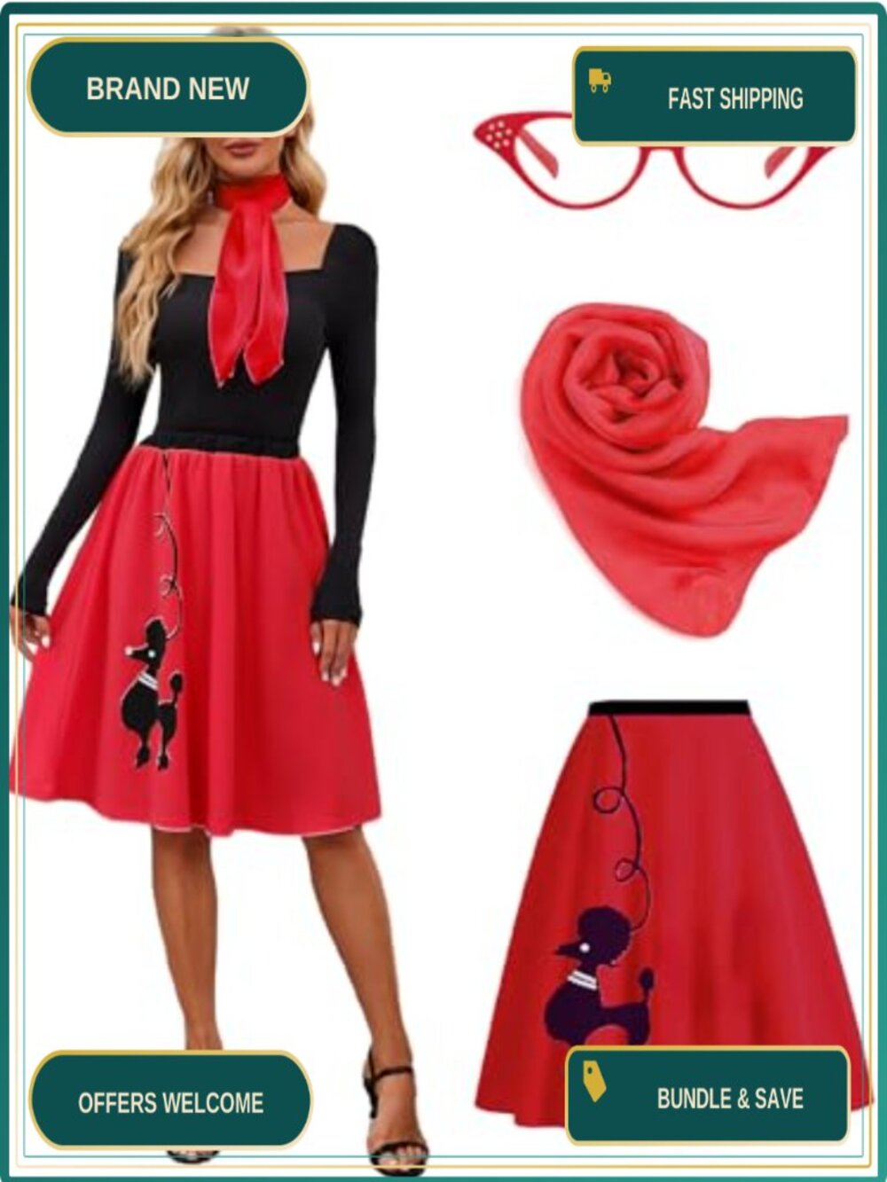 50s Poodle Skirt Costume Set Adult Halloween 3-Piece Polyester